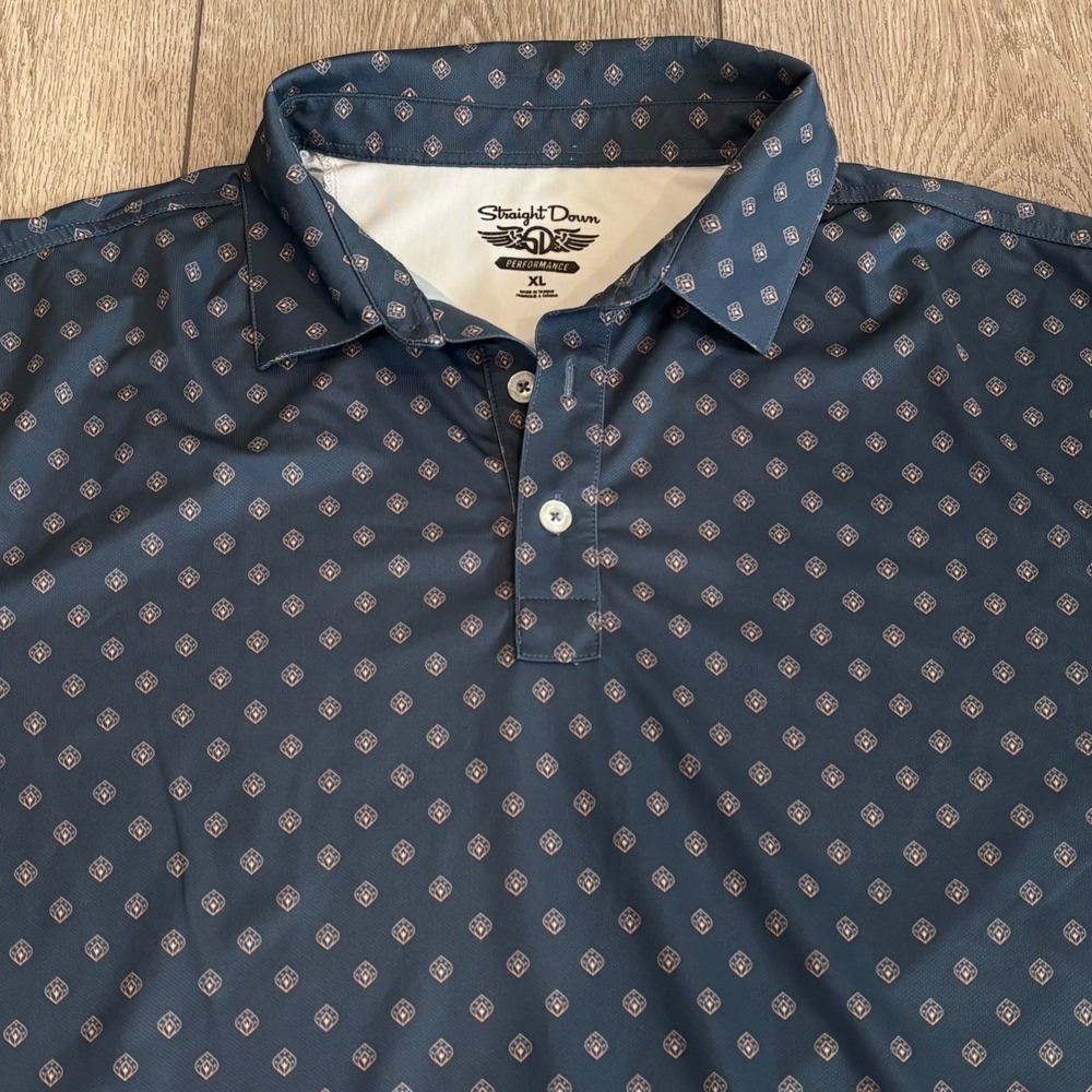 Straight Down Golf Polo Mens XL Navy Blue Geometric Pattern Performance Preppy